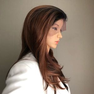 NWT 22-24” human blend Remy hair Swiss lace warm dark auburn black base wig